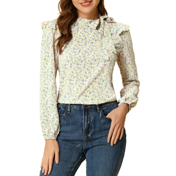 Blusa floral con cuello de lazo lateral para mujer INSPIRE CHIC de manga larga color púrpura M