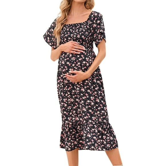 MEZZALL Womens Dress Floral Square Neck Midi Dresses Maternity Dress Pregnant Casual A-Line Dress Long Flowy Smocked Dress Relaxed Fit Dailywear M