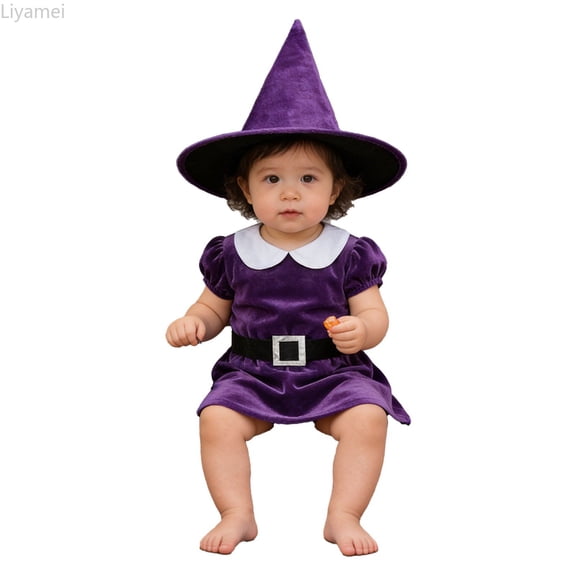 Liyamei Baby Girls Purple Witch Dress with Hat Short Sleeve Halloween Outfit 18-36M