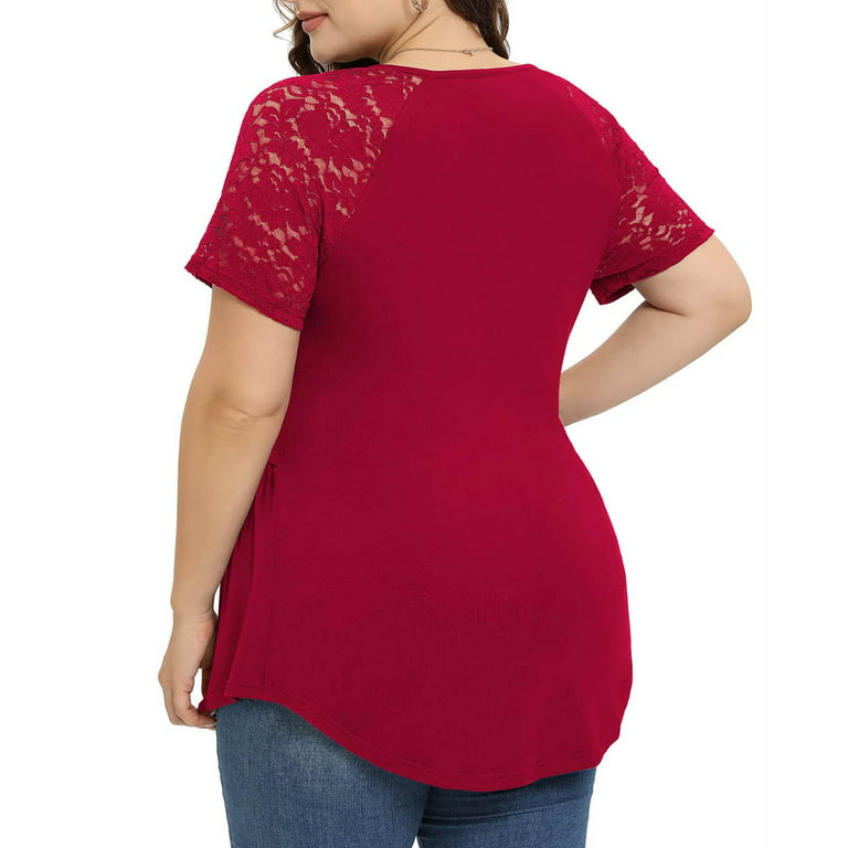 RQYYD Women Plus Size Top Lace Short Sleeve Wrap Dressy Shirt Low Cut  Babydoll Blouse Summer Casual Pleated V Neck Tee Tshirt(Red,XL) 