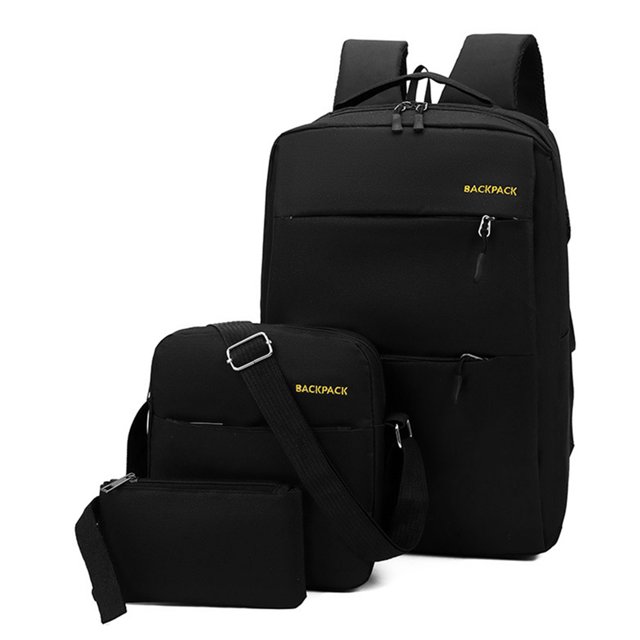 3-Piece Travel Bag Set (Backpack, Sling Bag, Handbag) - Black Oxford Material, Wear-Resistant, Large Capacity with Multiple Pockets, Adjustable Straps, USB Charging Port, Ergonomic Design for Outdoor