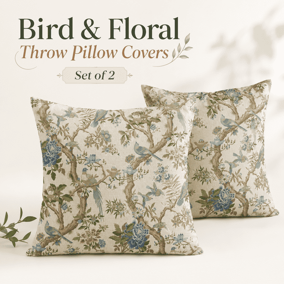 MORAVE 18x18 Inch Chinoiserie Pillow Covers, Set of 2 vintage blue-green bird floral linen cushion cases, classic oriental style decor for couch and home
