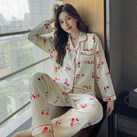 

PIKADINGNIS Autumn Winter New Warm Womens Pajamas Long-sleeved Trousers Two-piece Set Gauze Cotton Crepe Cute Soft Homewear Suit Women