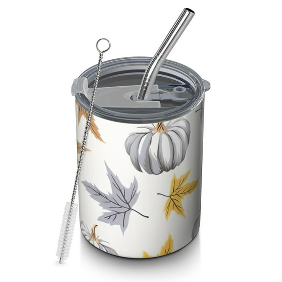 12oz Coffee Tumblers Fall Pumpkins Leaves Pattern Stainless Steel Vacuum Insulated Travel Tumbler Coffee Cups Mug with Lid and Straw with Cleaning Brush for Cold & Hot Drinks