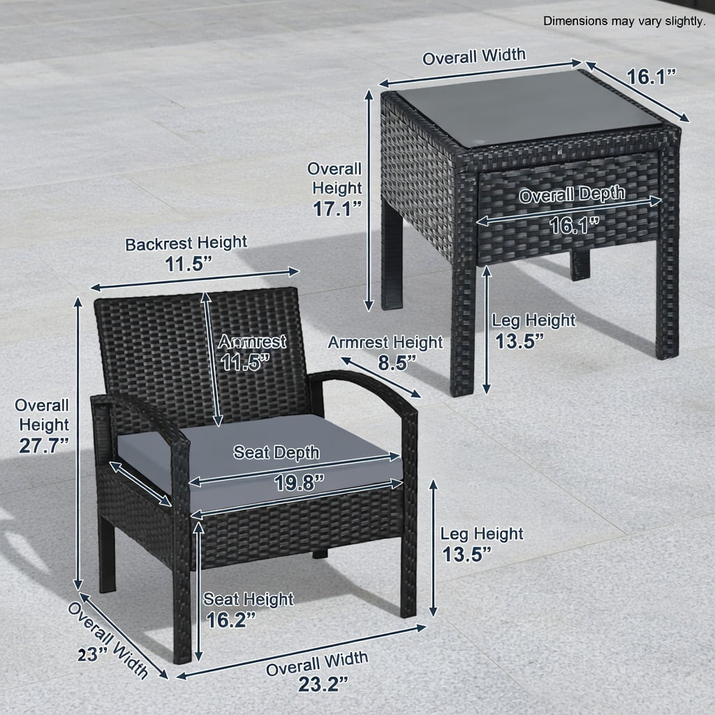 Hommoo 3-Piece Outdoor Rattan Patio Conversation Set, PE Wicker Chairs & Tempered Glass Coffee Table for Backyard, Balcony, Poolside, Gray