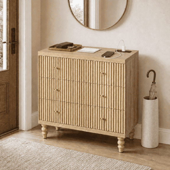 Bestier 3-Drawer Storage Cabinet with Charging Station, Modern Fluted Accent Cabinet with Soft-Close Drawers and Solid Wood Legs for Living Room, Entryway & Home Office, Natural Oak