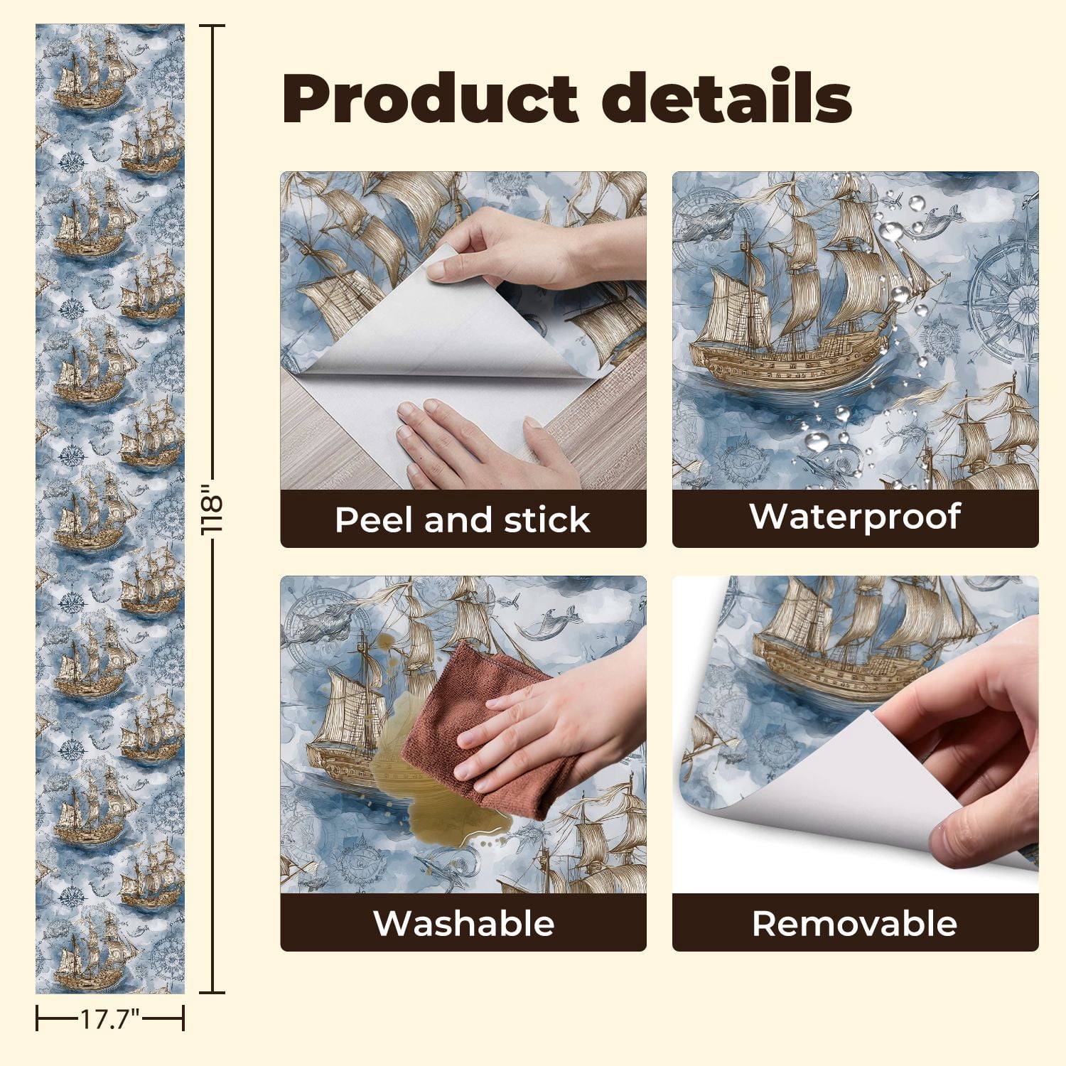 Peel and Stick Wallpaper Sailing Ships Nautical Map Vintage Compass Ocean Wall Mural 17.7in x 9.8ft Self Adhesive Removable Wall Paper Renter Friendly Wallpaper for Bedroom Livingroom Office Studio