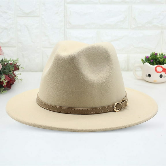 Holzkary Fedora Hat Wide Brim Summer Beach Sun Cap Panama Hat for Men Women Western Cowboy Hat for Women Classic Roll Up Buckle Belt Women Retro Wide Brim Cowboy Hat Beige M