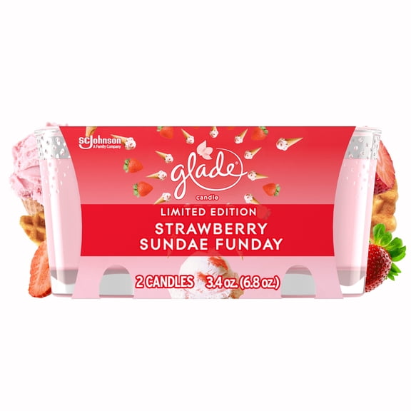 Glade Scented Candle Jar, Strawberry Sundae Funday Scent, Infused with Essential Oils, Spring Limited Edition Fragrance, Positive Vibes Collection, 2 Candles, 3.4 Oz, 96 g each