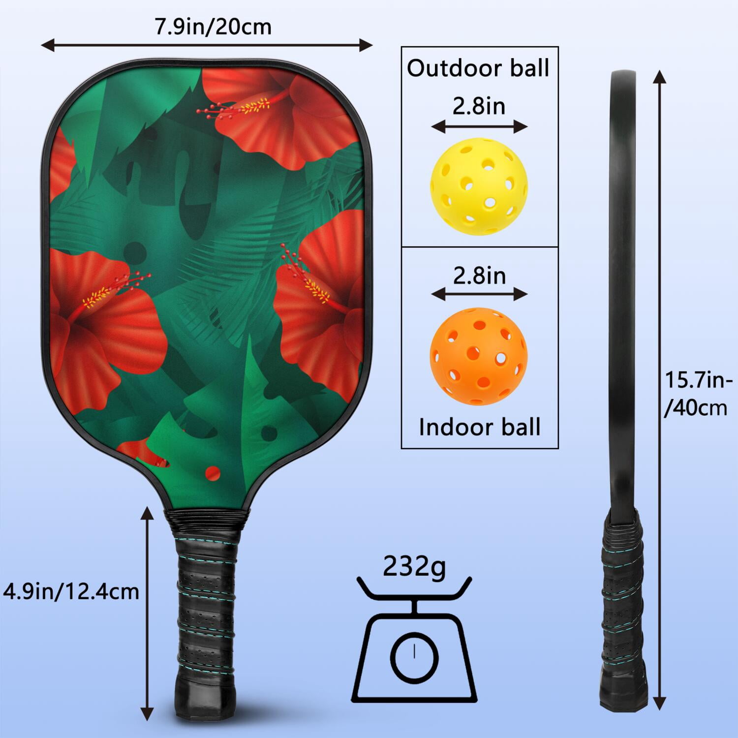 Pickleball Paddles Set Of 2, Fiberglass Surface, Tropical Jungle Print, 4 Balls & Bag
