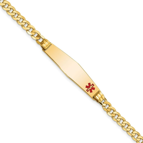 14K Yellow Gold Medical Soft Diamond Shape Red Enamel Curb Link Id Bracecet (8 X 9) Made In United States xm567fc-8