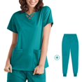 thumbnail image 3 of Uniformes para mujer Scrub Set con cuello en V Hospital Enfermera Top Pantalones Ropa Manga corta Pantalones largos Cómodos trajes de trabajo Ropa de - M lago azul Sunnimix Pantalones médicos de enfermera, 3 of 8