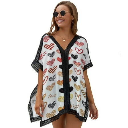 Orange Yellow Red Black Love Heart Valentine s Day Printed Women s Swimsuit Cover Up Summer Swimsuit Dress