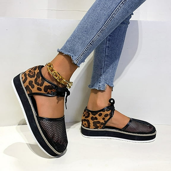 Floenr Womens Sandals Flip Flops for Women,Women's Shoes Casual Round Toe Fashion Ankle Strap Leopard Print Cutout Lightweight Mesh Mid Heel Sandals