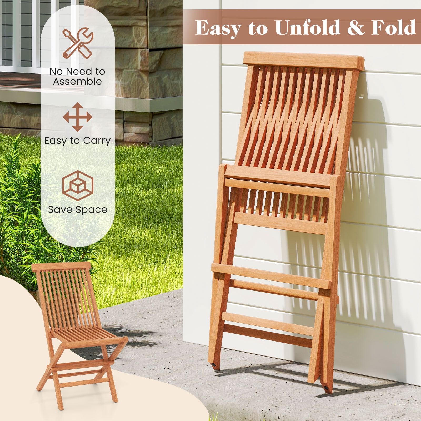Gymax Teak Wood Patio Chairs Set of 4 Outdoor Folding Chairs w/ High Back for Dining