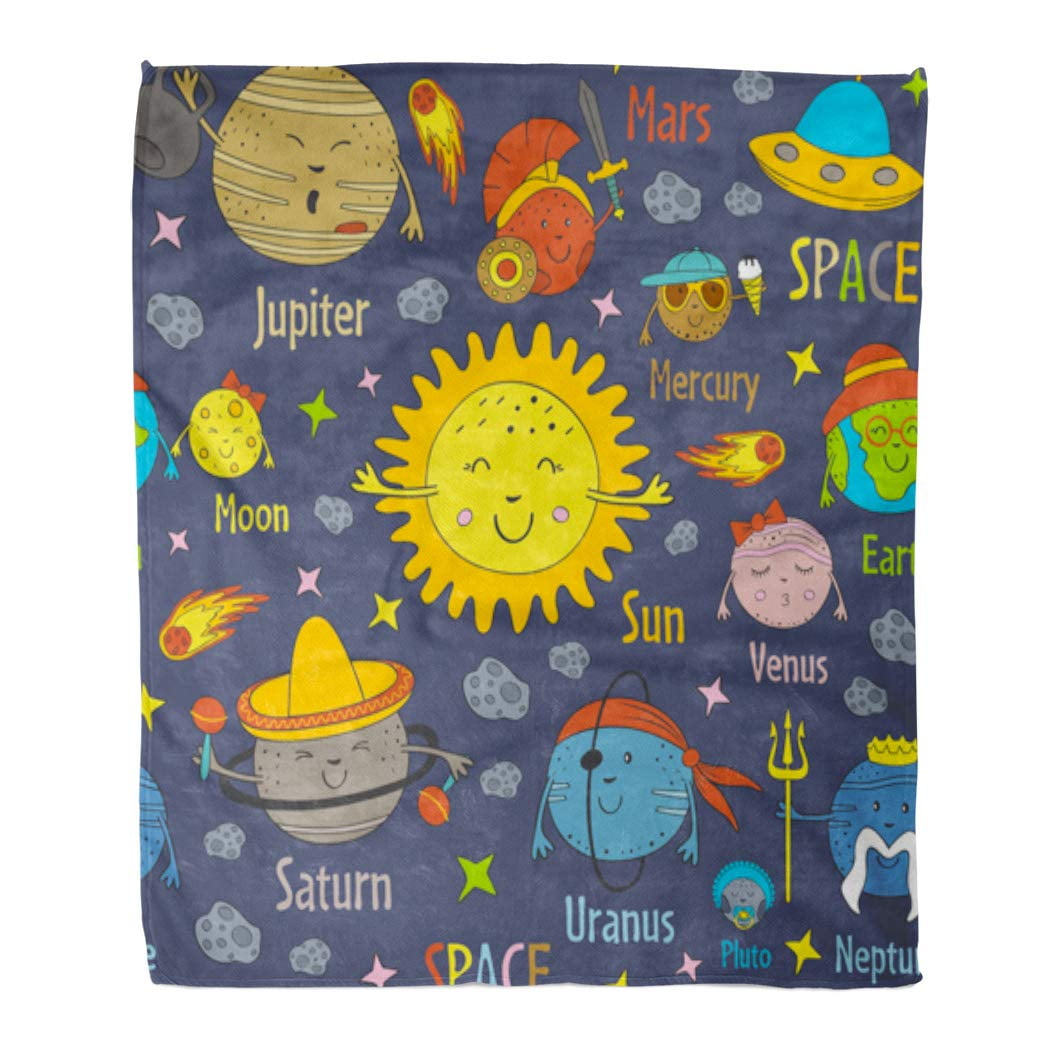SIDONKU Flannel Throw Blanket Moon Cartoon Funny Solar System and Names of  Planets Soft for Bed Sofa and Couch 50x60 Inches 