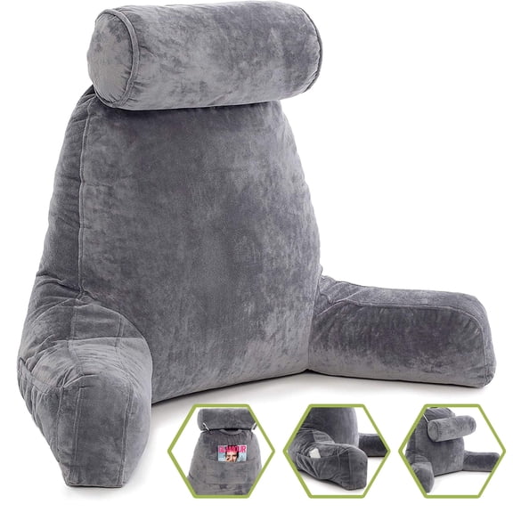 ZIRAKI Extra Large Reading Pillow with Detachable Neck Roll, Shredded Memory Foam Backrest Pillow with Support Arms for Bed, Couch & Chair, Back Support Cushion for Reading