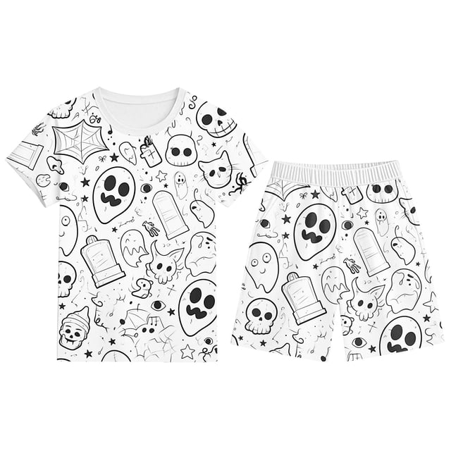TBWNWG Tenues et Ensembles pour Garçons Ensemble de Pyjama Confortable pour Enfants Manches Courtes Col Rond Imprimé Halloween Tenue Décontractée pour 2-12 Ans, Tailles 5-6 Ans