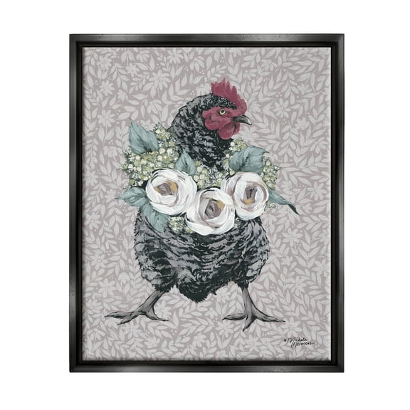 Stupell Industries Floral Patterned Hen Animals & Insects Painting Black Floater Framed Canvas Art Print Wall Art, 17 x 21