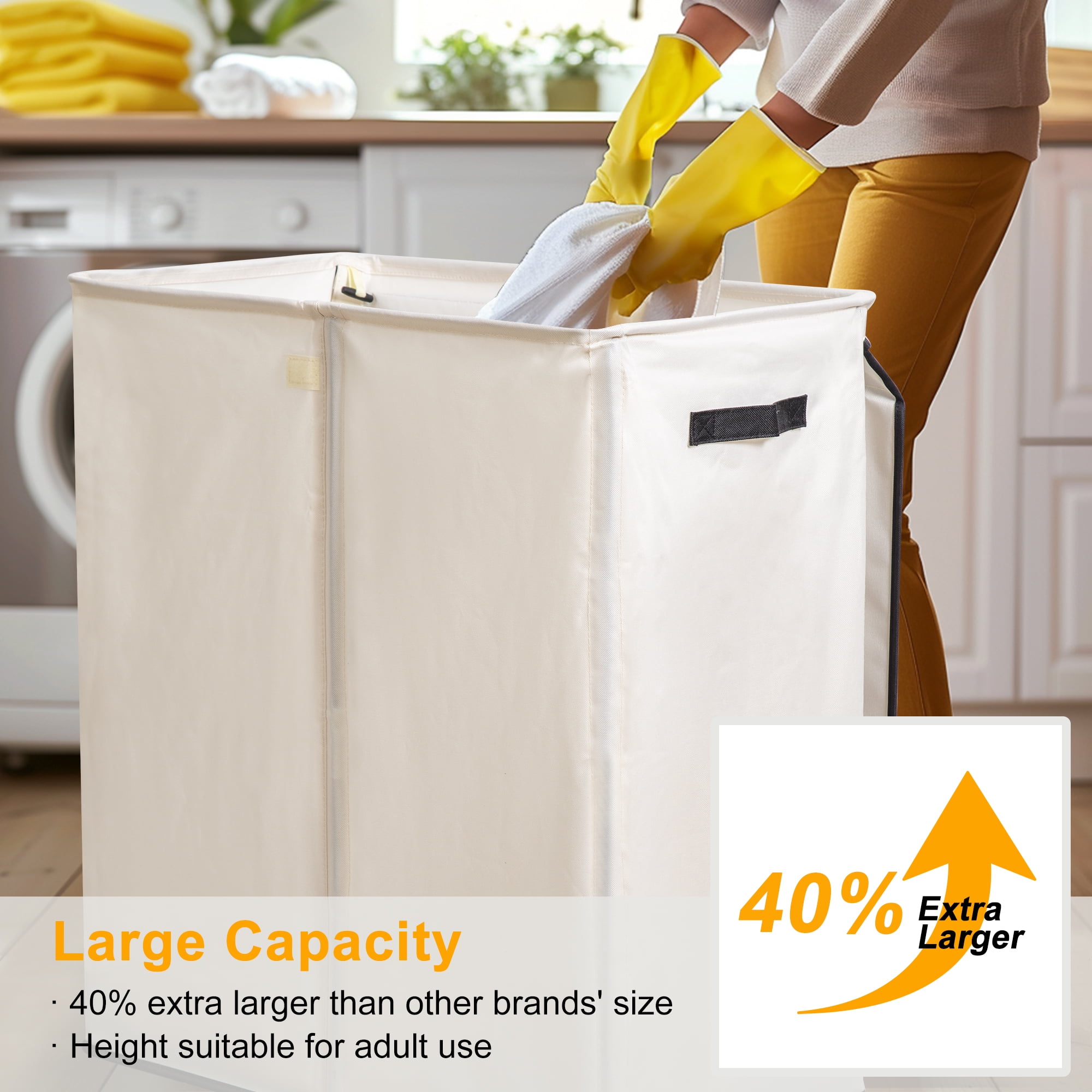 BGTREND Double Laundry Hamper with Lid 155L Laundry Basket with Removable Liner Bags & Side Mesh Pocket Collapsible Laundry Sorter Dirty Clothes Hamper (Beige)