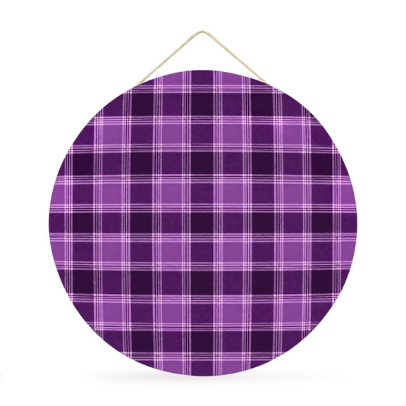 Welcome Sign for Front Door, Purple Checkered Round Metal Wall Art Wreaths, Modern Farmhouse Purple Buffalo Plaid Outdoor Indoor Wall Hanging Sign for Porch Decor Housewarming Gifts 11.8 Inch