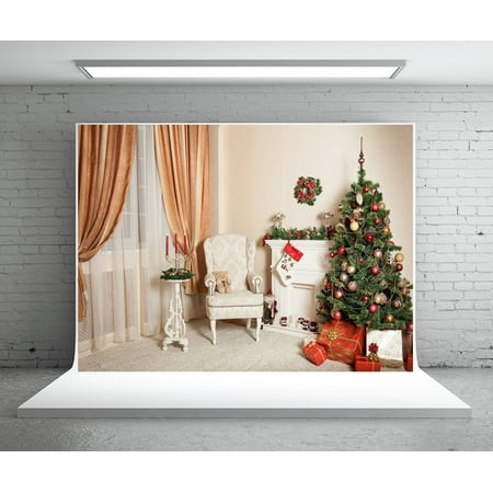 Image of 5x7ft Christmas Photo Backdrop Curtain Christmas Tree White Fireplace Photography Background Photo Booth