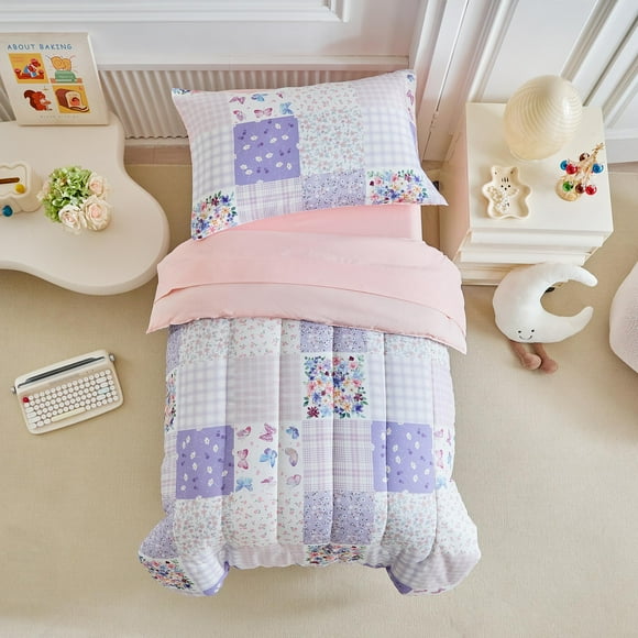 Juego de Ropa de Cama para Niñas Pequeñas Joyreap Floral con Mariposas en Rosa y Morado