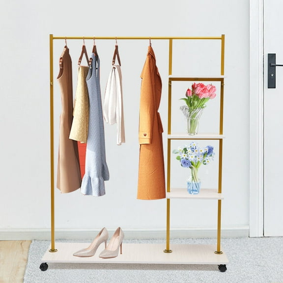 Gold Dress Display Rack w/ 4 Tiers Storage Shelf, Garment Stand Clothes Hanger w/ Wheels