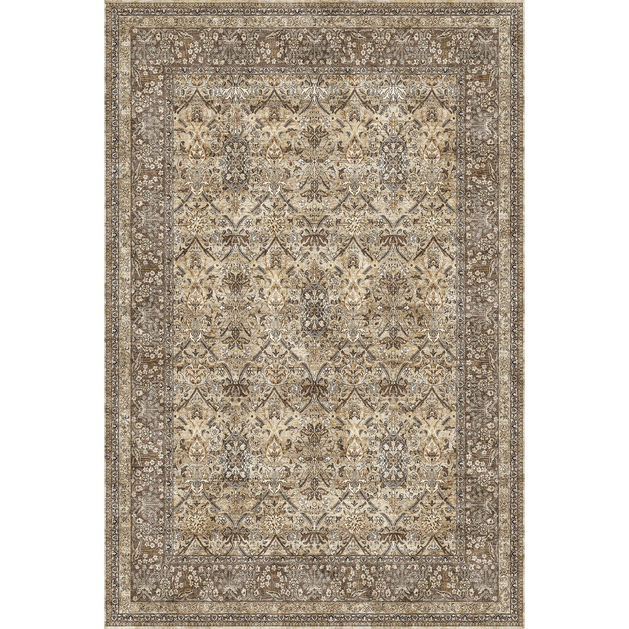 NICETOWN Washable Rug Vintage Area Rug, 5'x8' Thin Machine Washable Rug Non-Slip Foldable Pet-Friendly Area Rugs for Bedroom Living Room, Brown