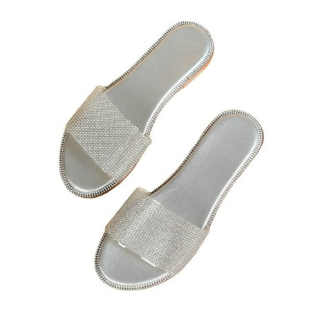 

House Slippers House Slippers For Women New Fashion Large Size Flat Bottom Rhinestone Decoration One-line Casual Sandals Silver