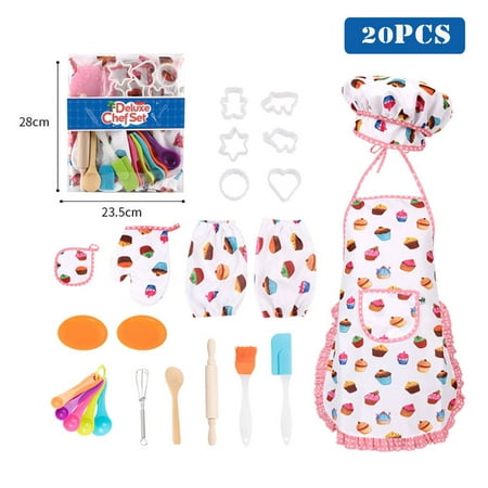 13/24Pcs Cute Kids Cooking and Baking Kit Toddler Apron Chef Hat Girls Dress Up Costume Career Role Play Pretend Play Kitchen Accessories Make Bake Cookies Present