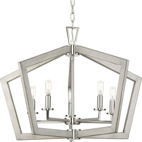 Galloway Collection Five-Light 19.25" Brushed Nickel Modern Farmhouse Chandelier with Grey Washed Oak Accents