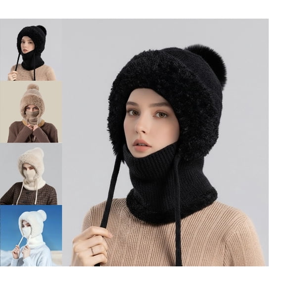 2025 Upgrade 3 in 1 Beanie Hat for Women, Windproof Knitted 3 in 1Beanie Hat with Scarf and Mask for Women Fall Winter Black Free