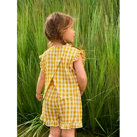 

Sleeveless Toddler Girls Gingham Print Frill Wrap Blouse Shorts Set S221904X Yellow 5Y(43IN)