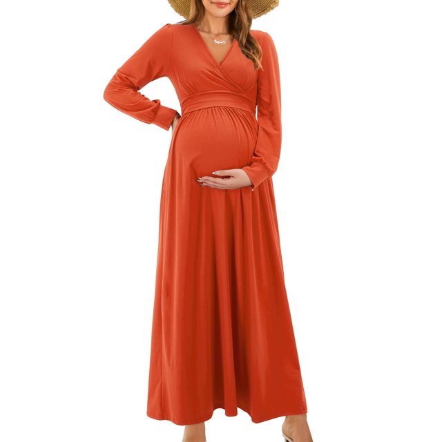 Vestido largo de maternidad OUGES manga larga con cuello en V naranja
