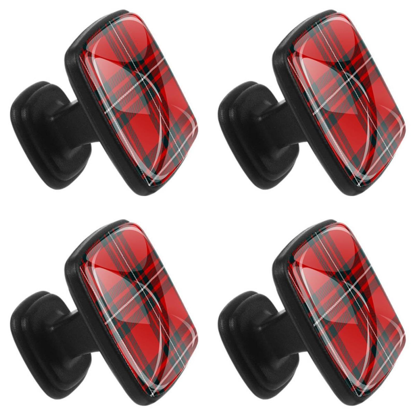 4 Pcs Square Cabinet Handle Cupboard Knob Drawer Pulls Handle Scottish Black Red Plaid Drawer Knobs with Screws Furniture Decoration