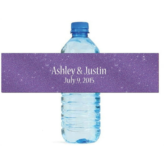 100 Modern Purple Glitter Wedding Birthday Party Water Bottle Labels 8"x2"