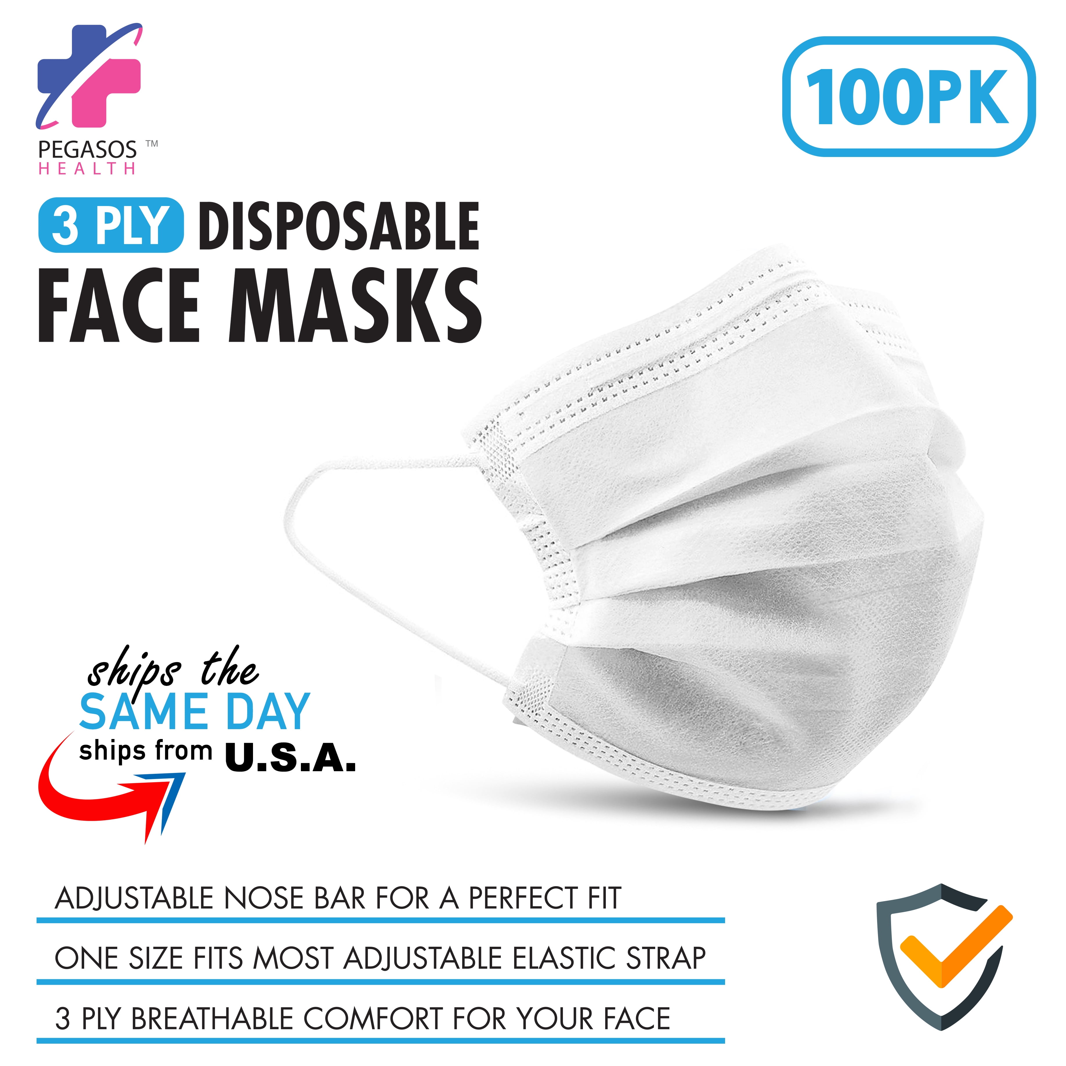 Pegasos Face Masks, Disposable Breathable 3 Ply Ear Loop Style, 100