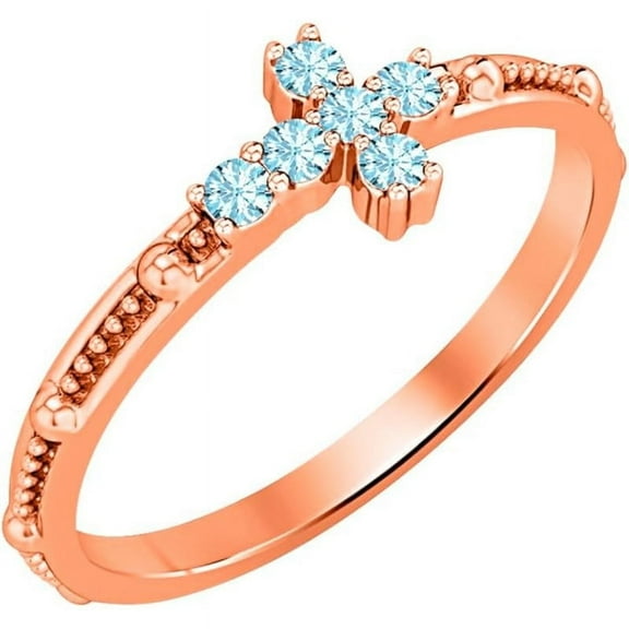 925 Sterling Silver Rose Gold Plated Aquamarine Cross Ring - Women's Christmas Gift