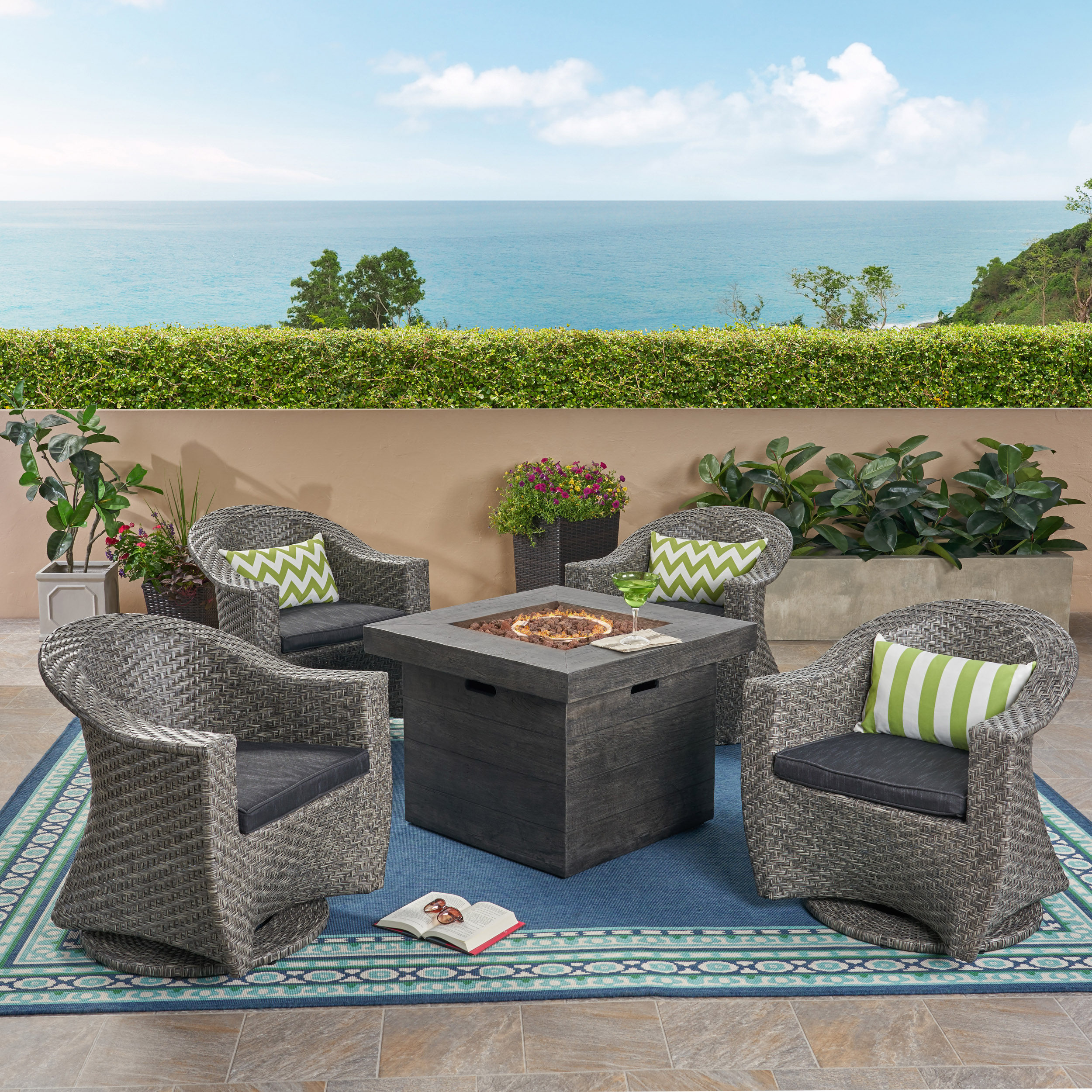 GDF Studio Amata Outdoor Wicker 5 Piece Swivel Club Chair and Fire Pit Set, Mixed Black, Dark Gray, and Gray - image 2 of 13