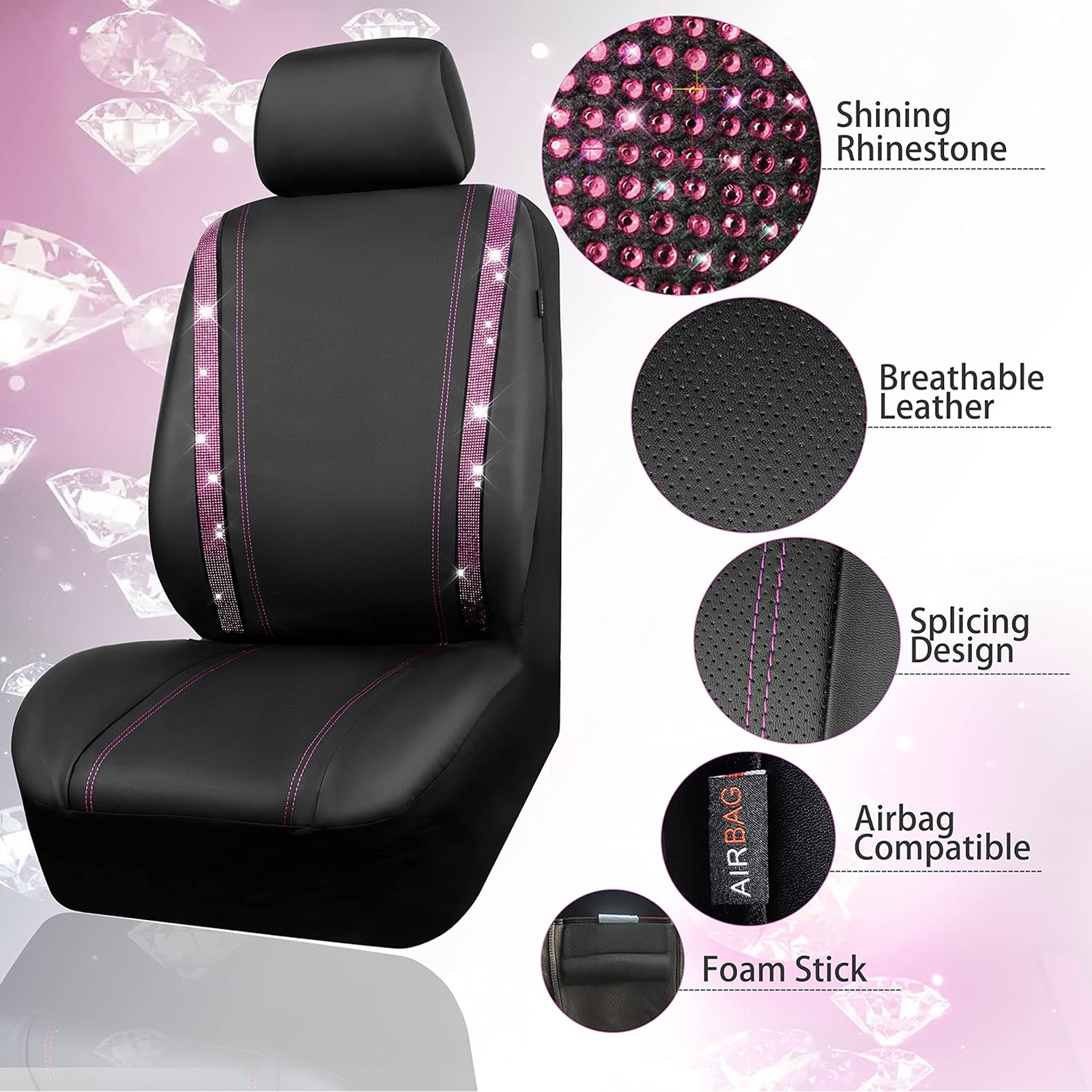 Car-Grand Bling diamond Rhinestone Leather car seat covers front pair shinning spark glitter crystal cute universal fit automotive glitter SUV truck sedan women girly Pink