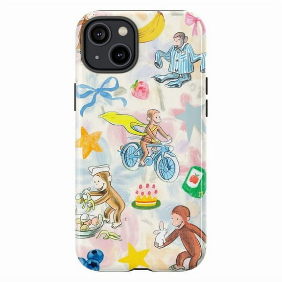Curious Monkey Dreamy Playtime Phone Case for iPhone 16 15 14 13 12 11 Pro Max Plus – Colorful Pastel Cartoon Design, Shockproof Protective Cover