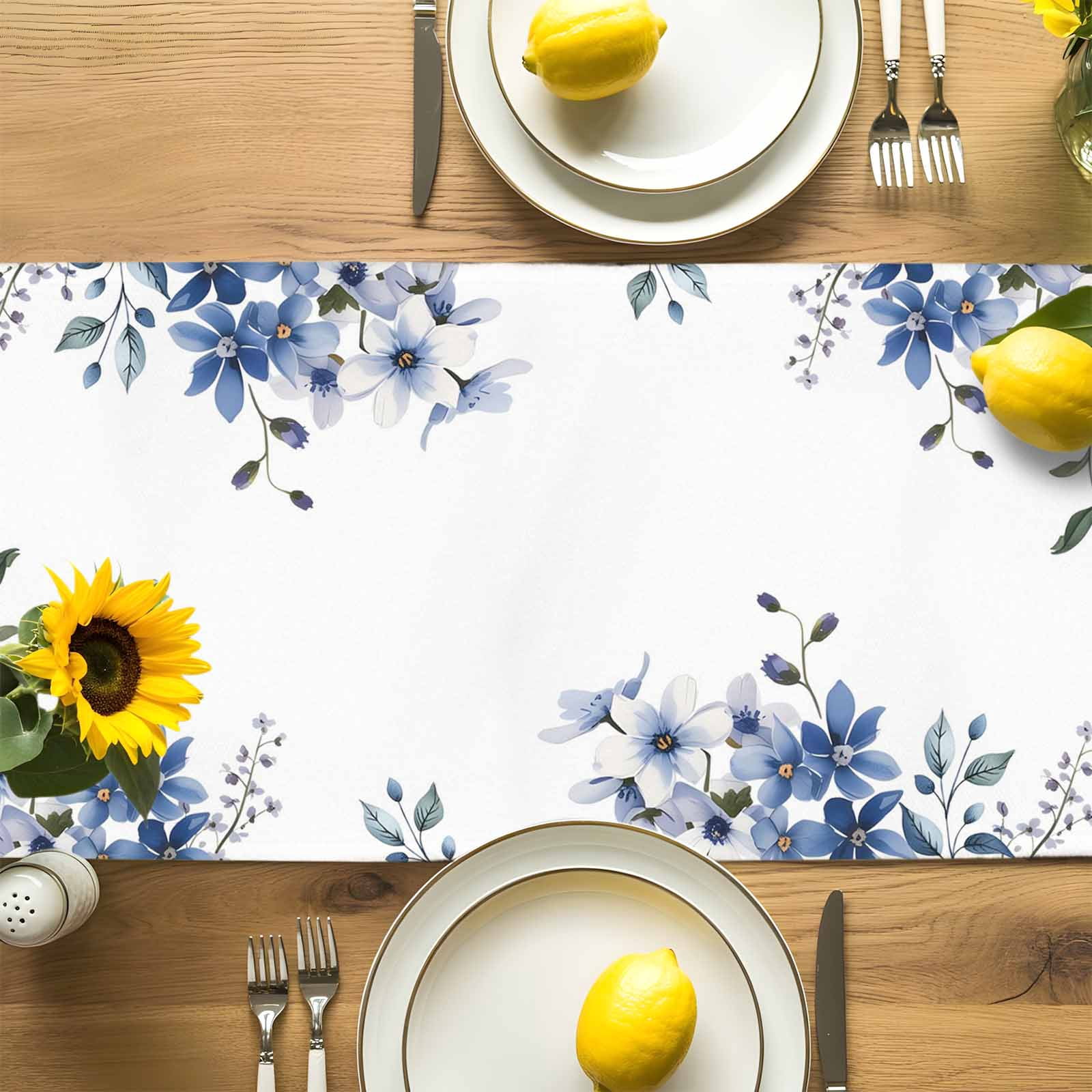 Country Blue Flowers Table Runner 90 Inches Long, Watercolor Eucalyptus Leaves Table Runners Tabletop Scarf Kitchen Dining Tables Decoration for Home Party Indoor Outdoor