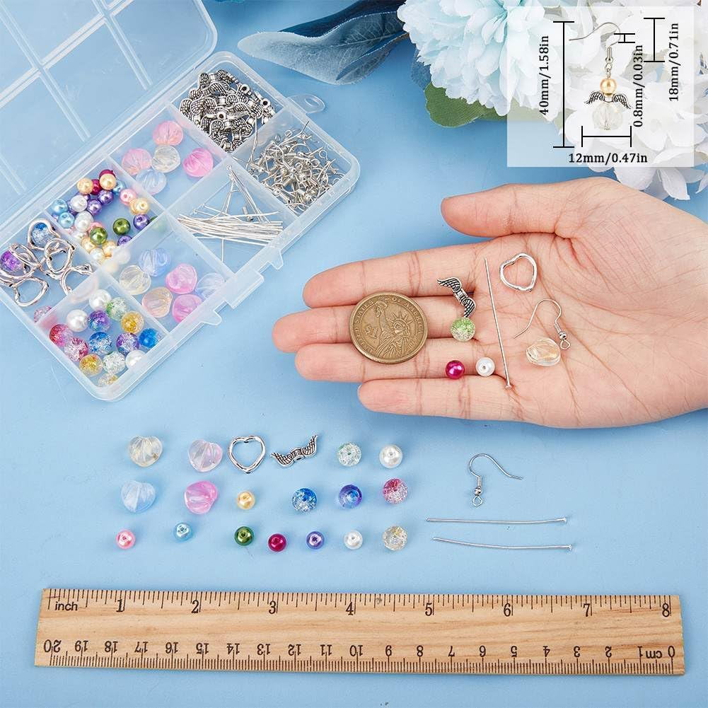 1 Box DIY 20 Pairs Guardian Angel Charms Christmas Beading Angel Beads Earrings Making Starter Kit Wing Bead Heart Frames Round Crackle Spacers for Jewelry Making Kits Women Craft