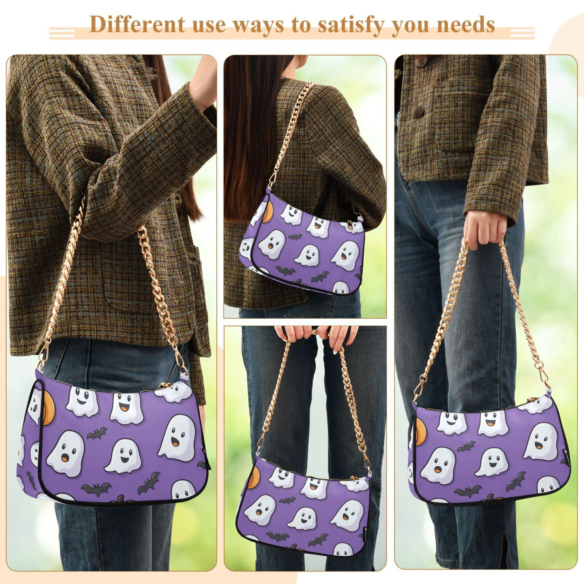 FORMRS Womens Shoulder Bag with Chain Strap Clutch Purse Cute Tote Handbag, Halloween Ghosts Purple