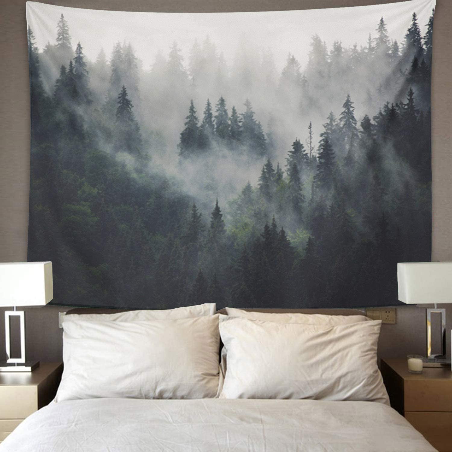 AlliuCoo Wall Tapestries 50 x 60 Inches Green Tree Misty Landscape Fir Forest Hipster Vintage Retro Style Pine Alpine Home Decor Wall Hanging Tapestry Living Room Dorm
