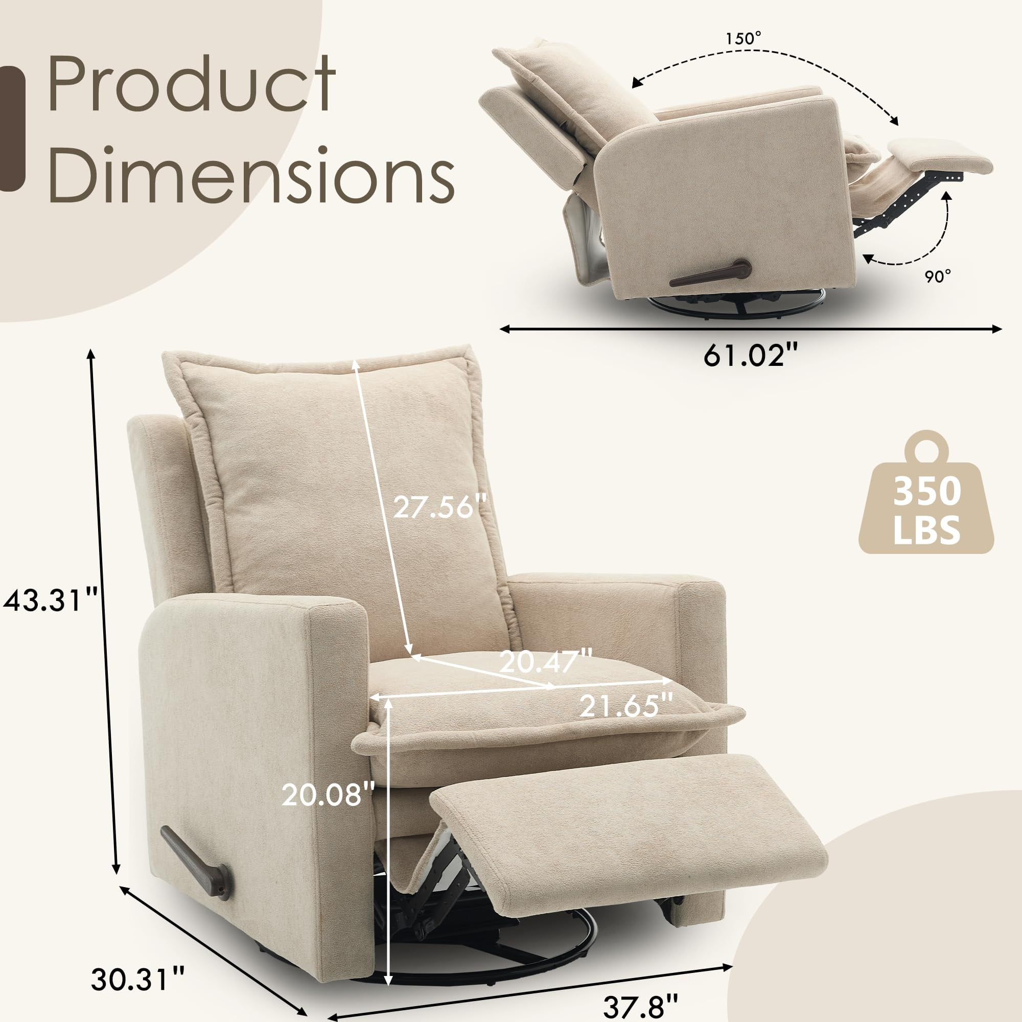 Beige Swivel Rocker Recliner Chair, Merino Wool Manual Rocking Chair for Teens, Bedroom, Gaming Room & Living Room Christmas Gift