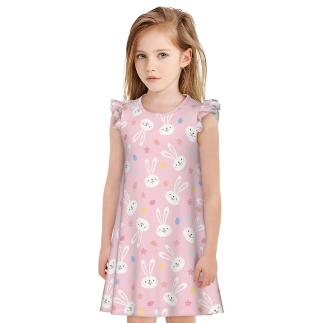 Fotbe Easter Cute Rabbit Vestido de Dormir para Niñas de 3 a 10 Años, Mangas Cortas, Estilo Princesa, Pijama Camisón con Mangas Voladas-Medium