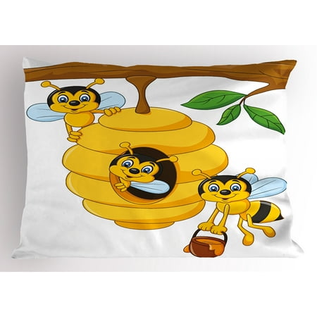 Honey Bee Baby Nursery - Nursery Pillow Sham Branch of Tree with Beehive and Bees Honey Funny Insect Hardworking Mascot, Decorative Standard Size Printed Pillowcase, 26 X 20 Inches, Yellow Brown Green, by Ambesonne