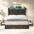 thumbnail image 3 of Amerlife Queen Size Storage Bed Frame with 4 Drawers & LED Light, Charging Station, Rustic Black, 3 of 8